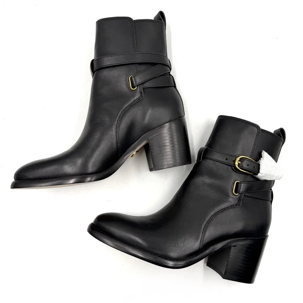 Veronica Beard Sohelia Low Boots Black Leather Buckle‎ Ankle Block Heel Sz 7.5